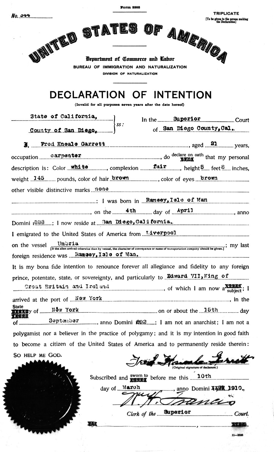  - JPG Garrett Fred Declaration of Intention 1910